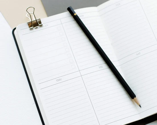 e9e78396cbb126696f7fe5f2b70bd3cd A black pencil lying across an open diary.